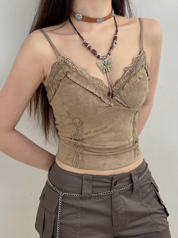 Women's Contrast Lace Cami Crop Top without Necklace, Summer Clothes, Solid Frill Trim Spaghetti Strap Top for Summer, Women's Clothing for Daily Wear 3