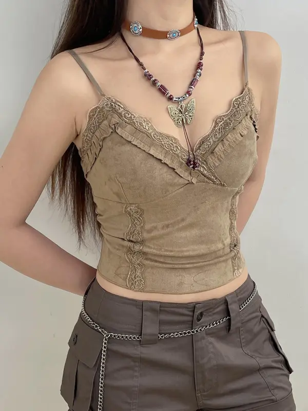 Women's Contrast Lace Cami Crop Top without Necklace, Summer Clothes, Solid Frill Trim Spaghetti Strap Top for Summer, Women's Clothing for Daily Wear 3