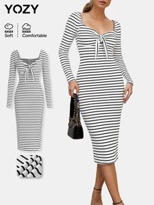 YOZY Women's Striped Print Knot Front Split Hem Ribbed Dress, Casual Sweetheart Neck Long Sleeve Midi Dress for Daily Wear, Ladies Clothes for All Seasons