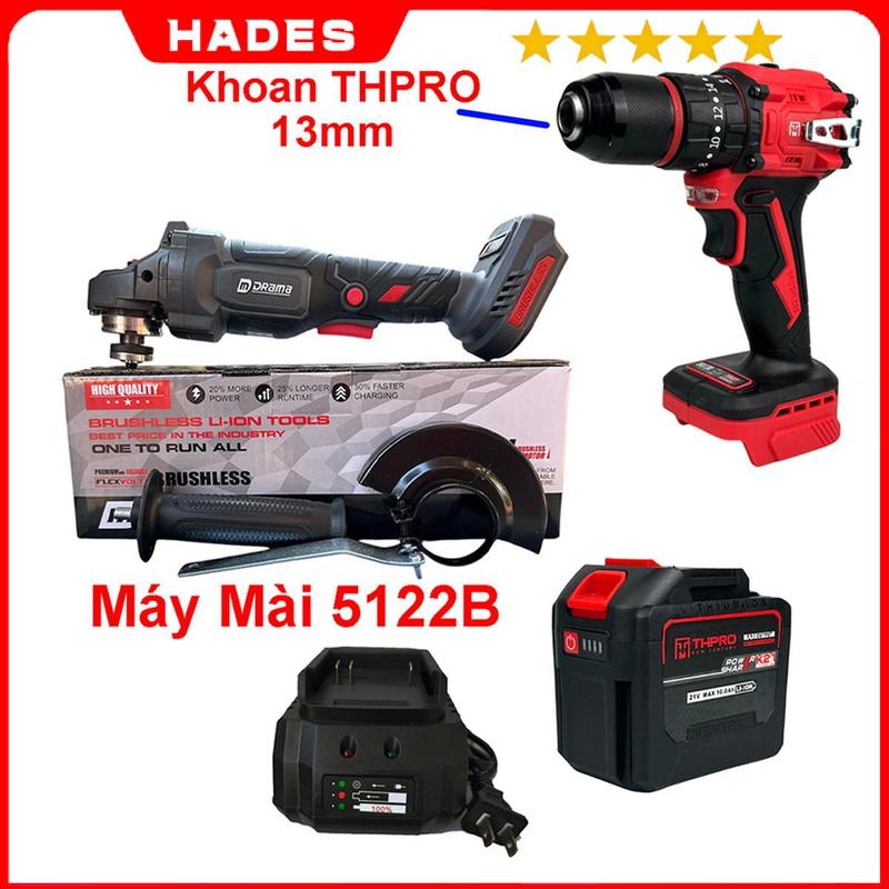 COMBO Máy Mài Góc Drama 5122B, Máy Khoan THPRO 13mm, Pin 20 Cell, Sạc, động cơ không chổi than lõi đồng