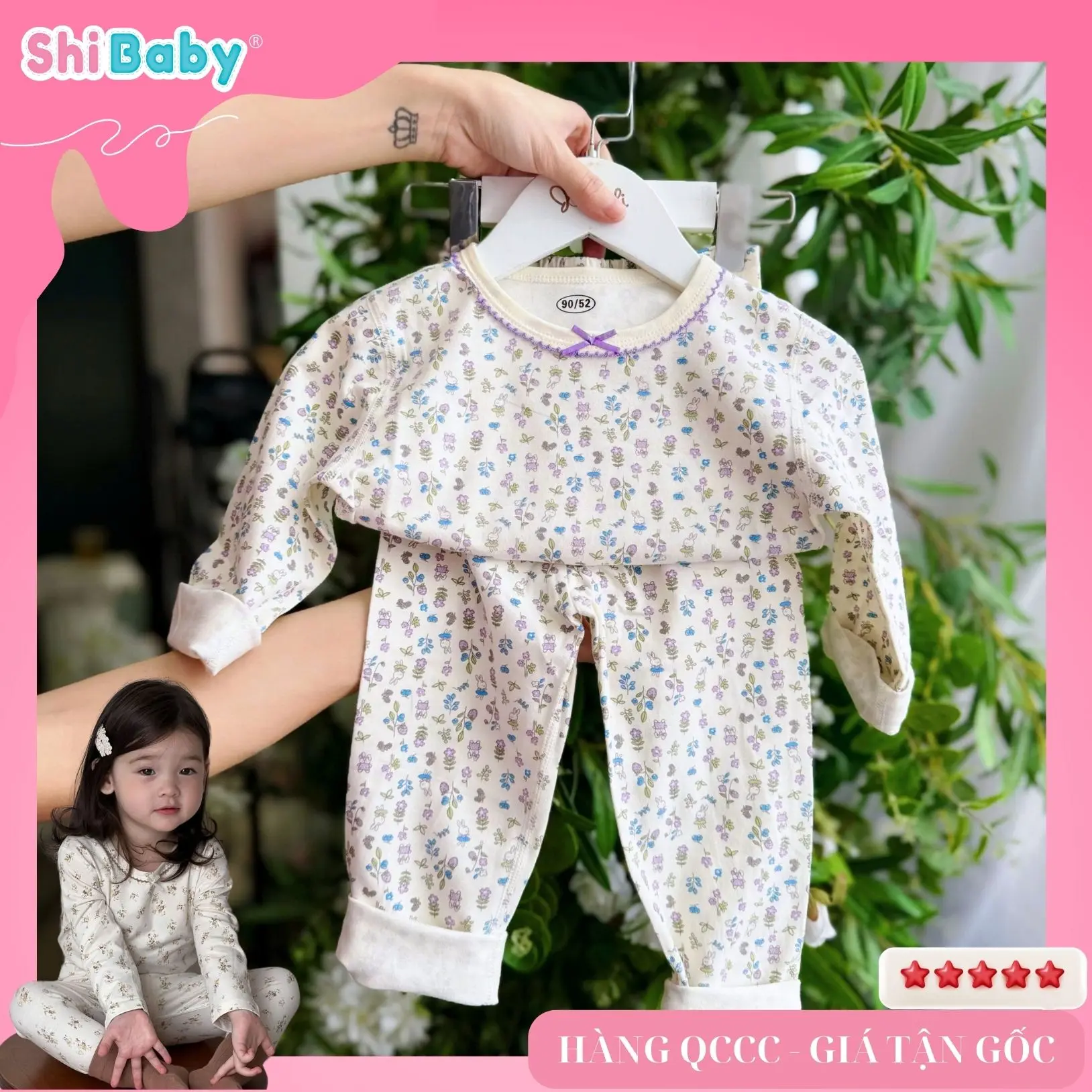 S76 - Set Mặc Nhà Thu Đông Dài  tím nhí, Cotton kháng khuẩn cho bé gái  Kem Voi