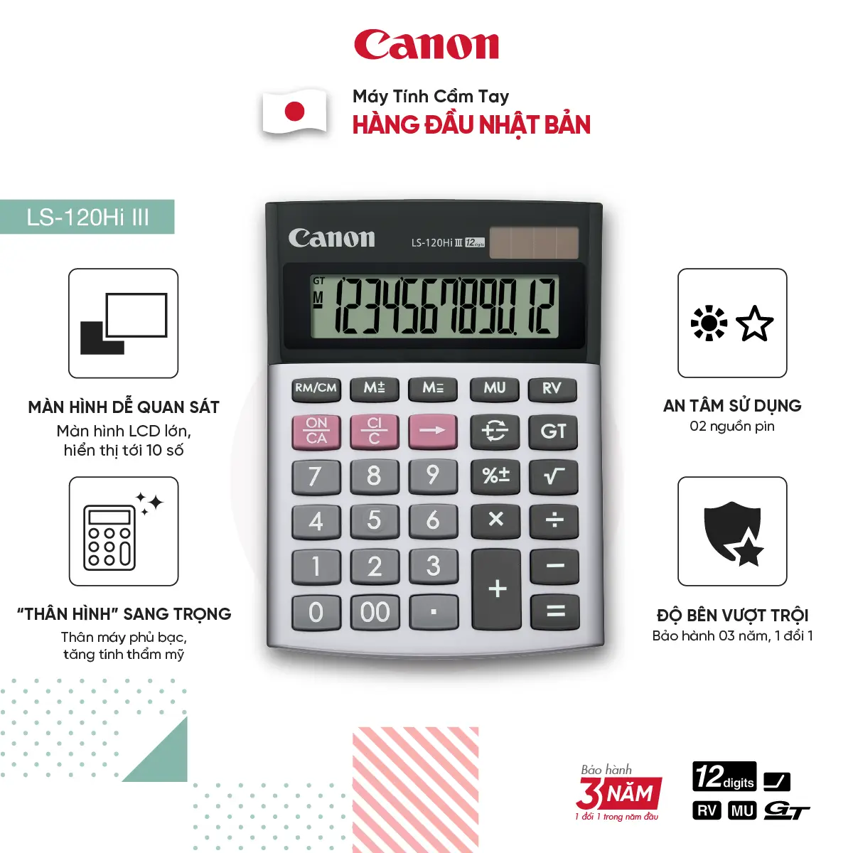 Máy Tính Cầm Tay Canon LS-120HI III | Phủ Bạc Sang Trọng | Độ Bền Cao | Màn Hình LCD Phân Giải Cao | Thiết Kế Nhỏ Gọn math calculators digital