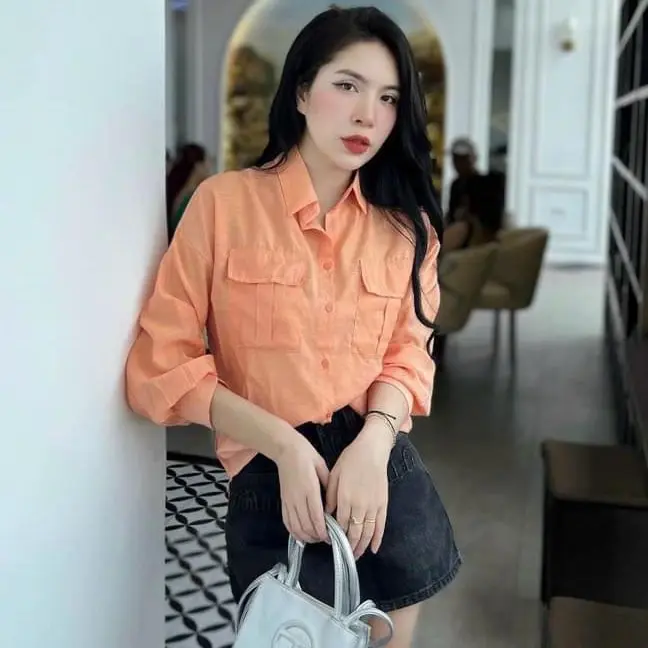 Áo sơ mi nữ tay dài chất tơ rũ mềm mại 2 túi 2 nắp xinh tay phồng nhẹ phom dáng hàn quốc. Women Top Voi Shirt Trắng tím pastel 3