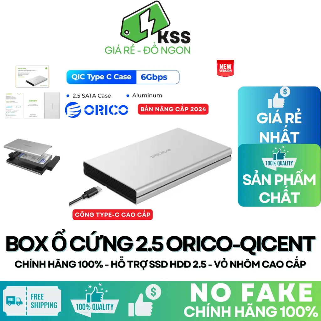 Box Ổ cứng Box SSD 2.5 Chính Hãng Orico Qicent Bản Nâng Cấp Cổng USB C 5Gbps - Hỗ trợ HDD SSD Sata 2.5 - KSS phụ kiện ổ cứng túi  &