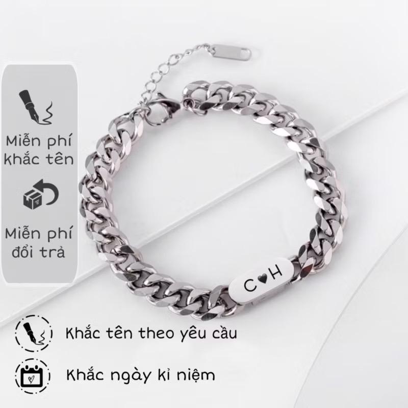 ￼Lắc tay nam nữ Khắc Tên theo yêu cầu, Vòng tay đôi lắc ngắn Shop làm quà tặng màu bạc 925 không gỉ, couple unisex-LT04