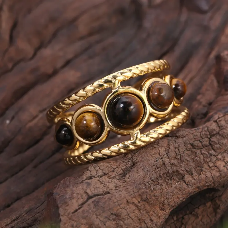 Round Hollow Ring With An Opening Adjustment Set Natural Stone Stainless Steel Golden Simple Palace Style Gift Banquet Jewelry Light Luxury Ring 2