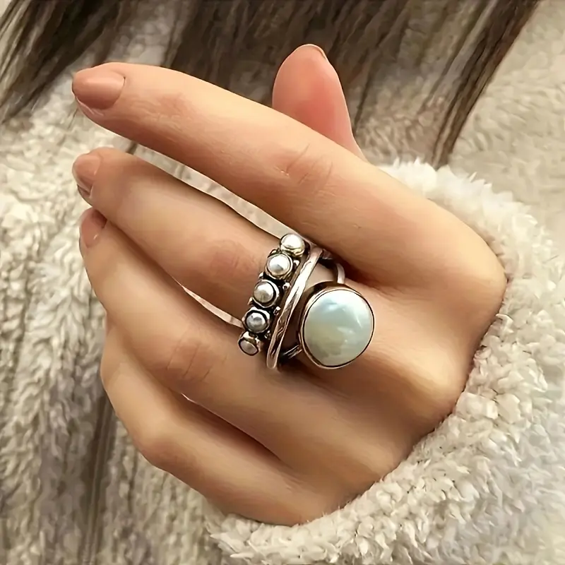 [Pearl Ring for Daily Party Wear] Fashion Bohemian Style Pearl Ring Ladies Daily Casual Party Holiday Band Ring Anniversary Commemorative Ring Gift 0