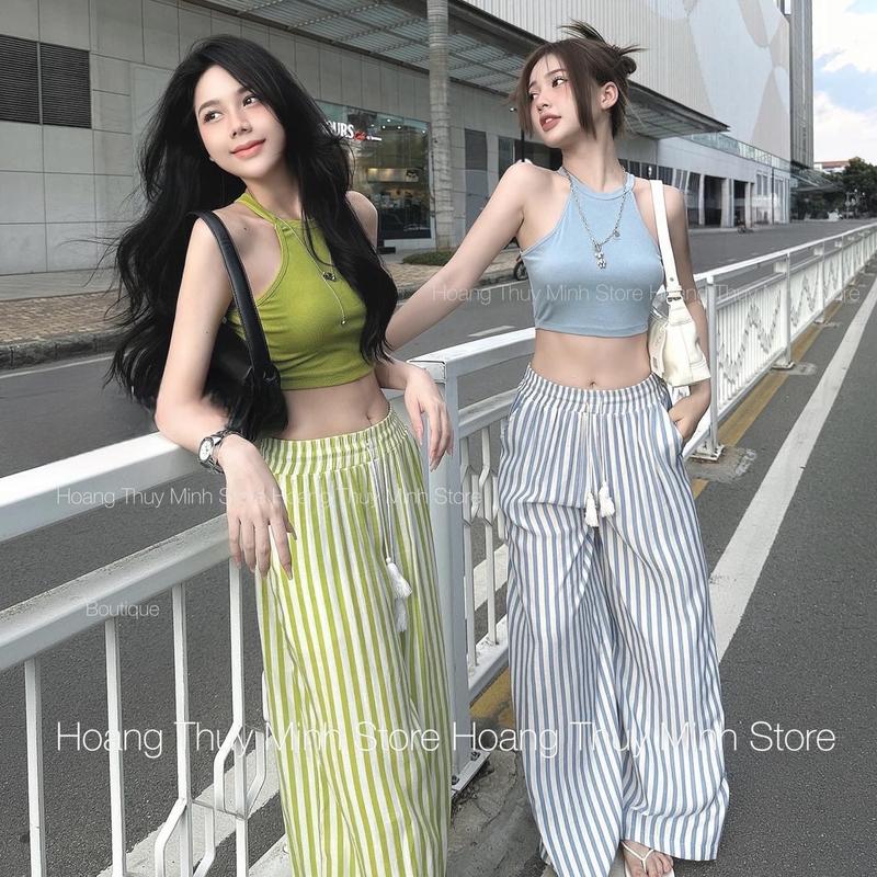 S11 - Sét Áo Yếm Ba Lỗ - Quần Suông Sọc Dây Tua Rua (40-53kg) Women Nữ Top Thun . Tương đương Size S M