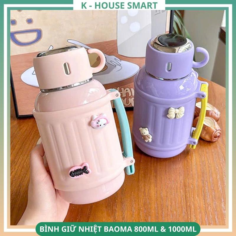 Bình giữ nhiệt Baoma K House Smart dung tích lơn 800ML & 1000ML, bình nước inox 316 cao cấp tiện lợi có nắp cốc, quai xách