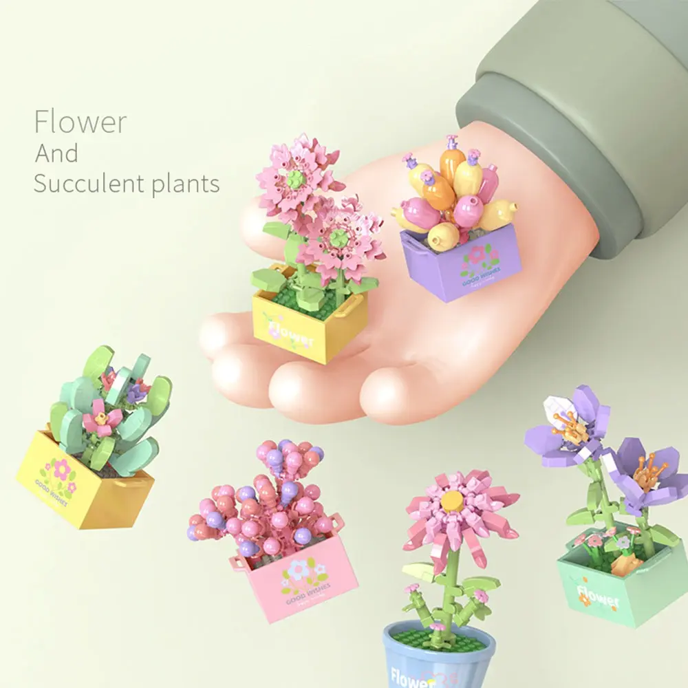 Funny Lifing New DIY Flower Potted Building Block Home Desk Plant Decor Girl Brick Children Toy Eternal Bouquet Toy Educational Toys Succulent Potted Model For Adults
