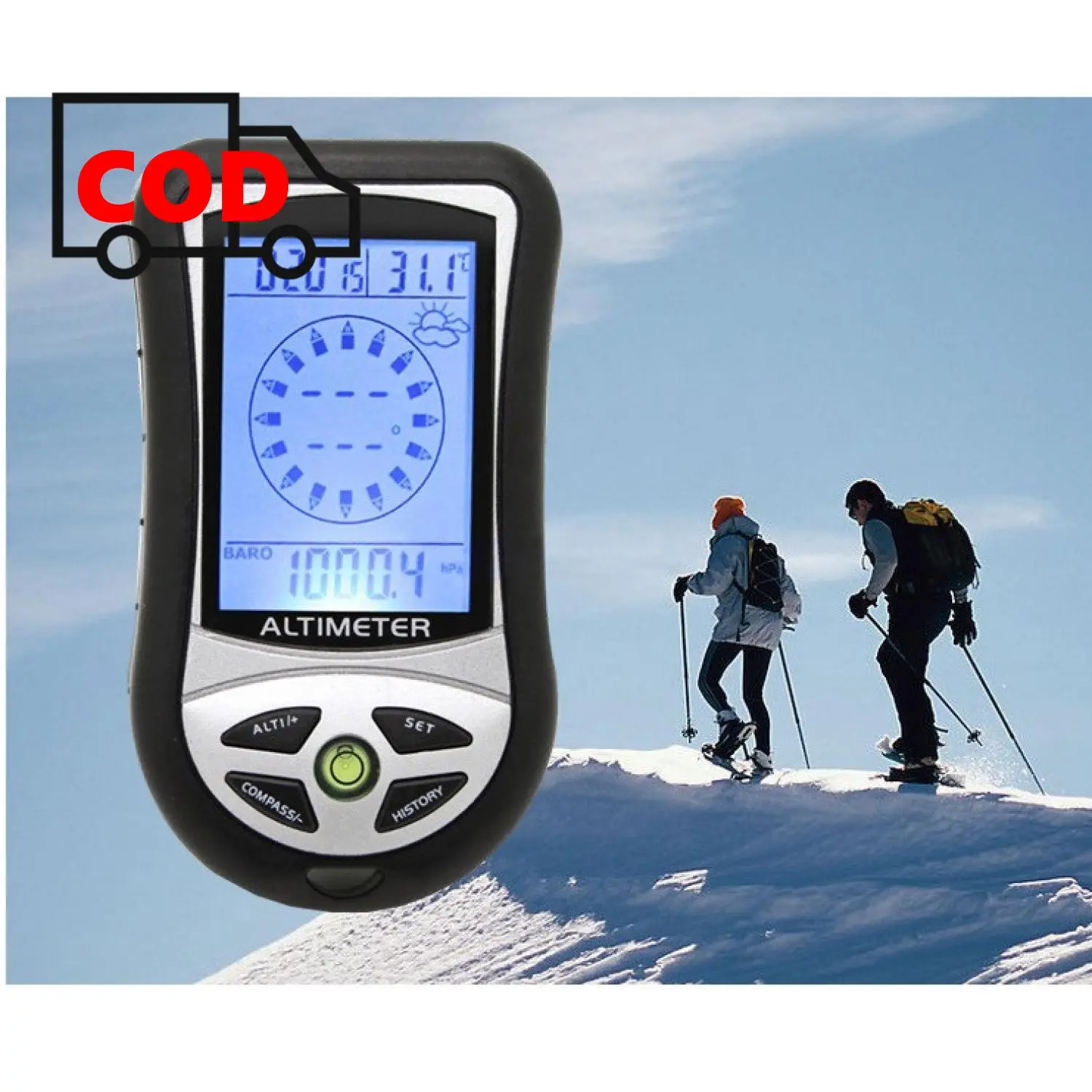 Digital Altimeter Kompas Barometer Alat Pengukur Ketinggian LCD 8in1 Tekanan Udara Penunjuk Arah Jarak Lokasi Suhu Temperatur Kalender Peramal Cuaca Hiking Camping Berkemah