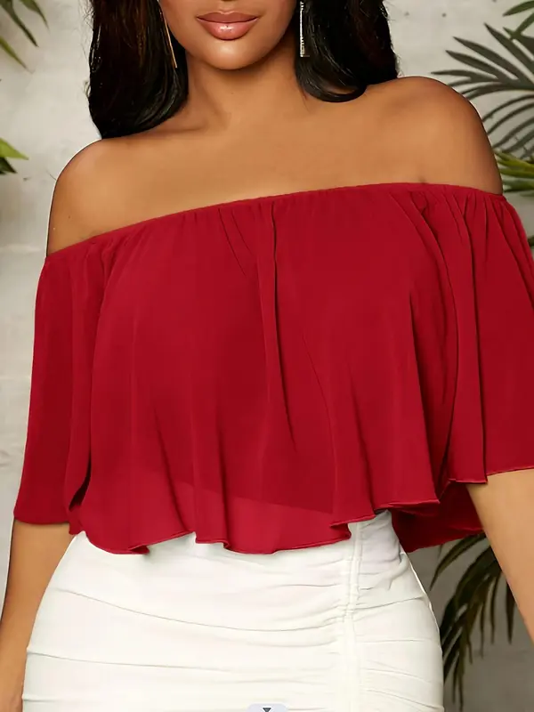 Women's Plain Off Shoulder Ruffle Trim Chiffon Crop Blouse, Elegant Butterfly Sleeve Top for Summer, Ladies Clothes for Daily Vacation Outdoor Wear 4