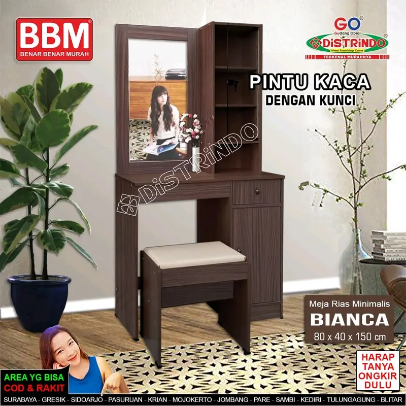 Meja Rias Minimalis Pintu Kaca ada Kunci Komplit Kursi tempat duduk Laci Lemari 2