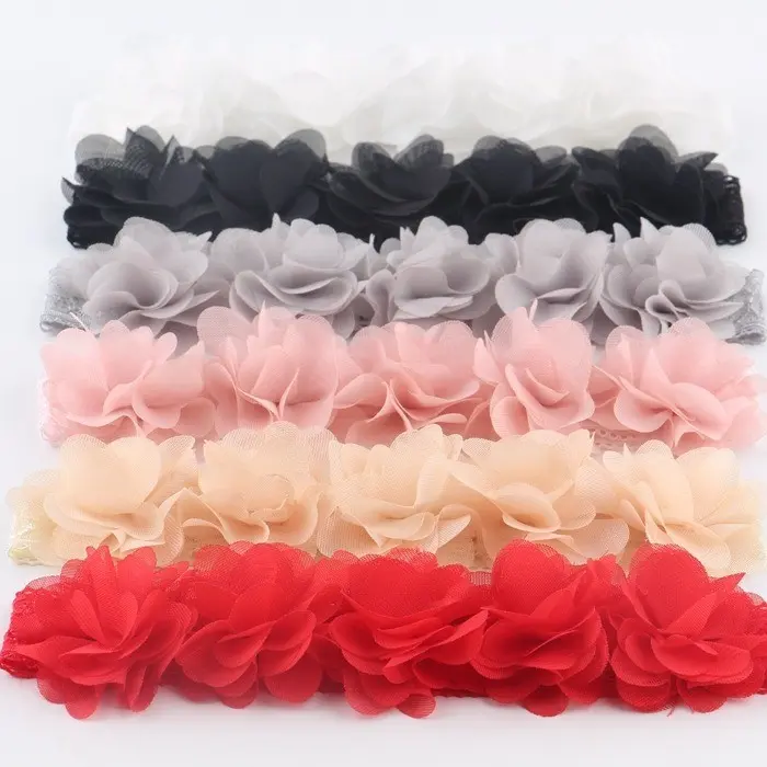New Children's Headband with Five Chiffon Flowers and Lace Headband, Girls' Solid Color Flower Hair Accessory