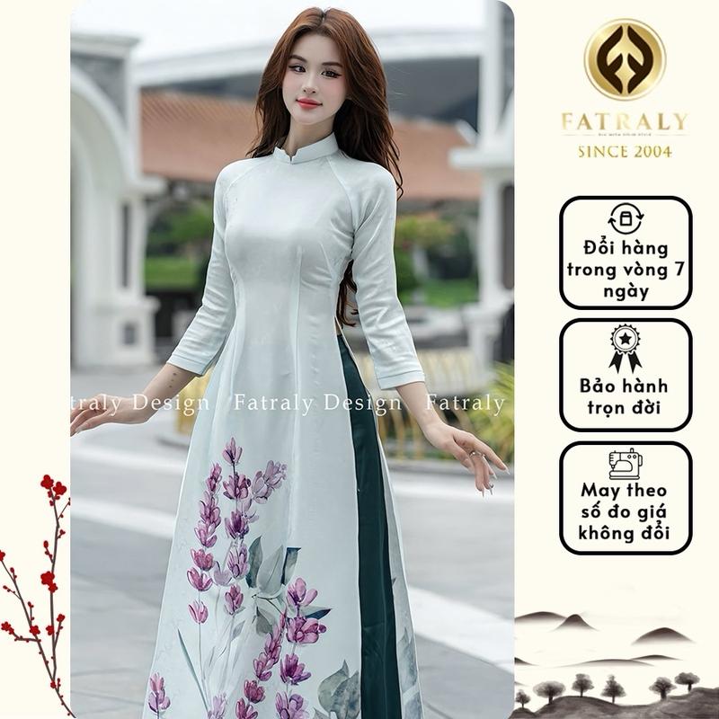 Fatraly - ADTK 100 Áo dài nữ Gấm Thái Tuấn tông màu xanh dương trẻ trung chất vải mềm nhẹ thoáng mát phù hợp cho mọi dịp