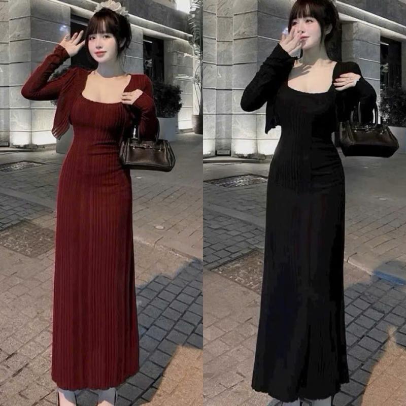 Set đầm nữ hai dây dáng dài ôm body kèm áo khoác tay dài - thun tăm thái H741 Váy boby , váy body nữ tôn dáng , váy xinh , váy đi tiệc , váy đi biển