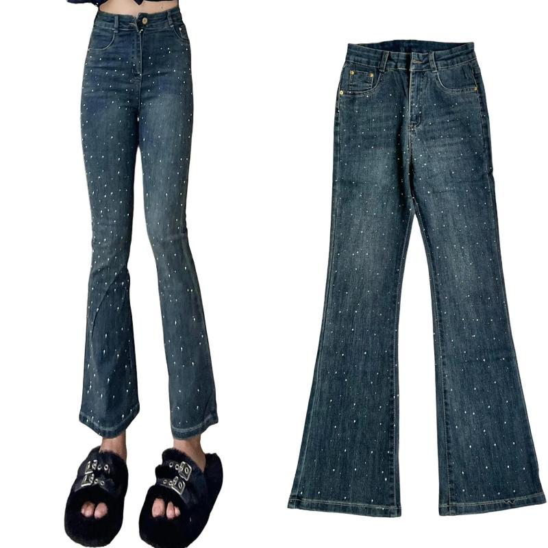 Quần ống loe đính đá Yến Tee mới 2025 , màu rêu bụi xu hướng , chất jeans cotton đanh mềm , co dãn tốt Nữ Women Pants