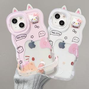 Sarung Telefon Mewah, Rekaan Kucing KT, Serasi dengan Apple / OPPO / VIVO / Xiaomi iPhone 17 Pro Max, Reka Bentuk Comel, Pendirian Dwi, Bahan Silikon Lutsinar