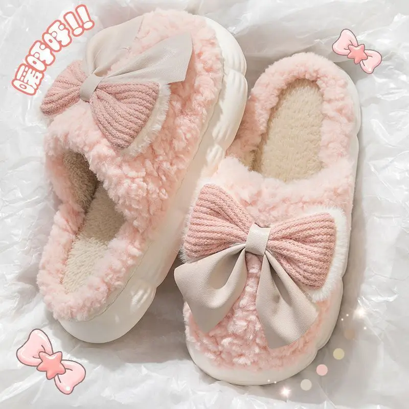 Women's Sandals Cute Bowknot Cotton Slippers Women's Winter Thick Bottom Indoor Home Keep Warm New Furry Cotton Slippers Winter Men's Sandals
