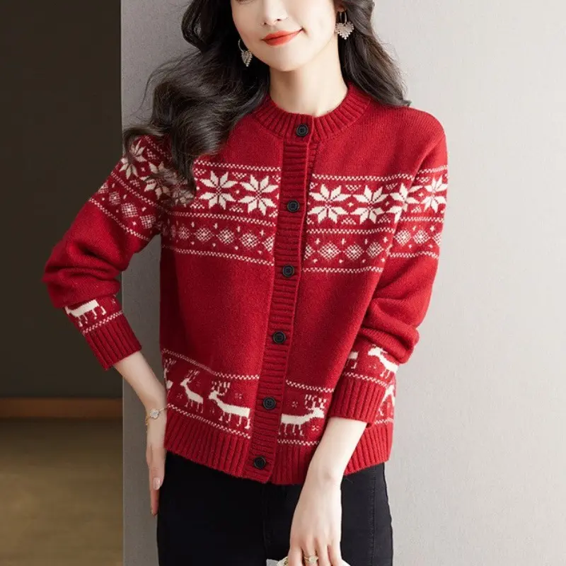 Áo Cardigan Dệt Kim Jacquard, Phong Cách Hàn Quốc, Màu Sắc Tương Phản, Dành Cho Nữ, Hàng Mới Về Mùa Thu Và Mùa Đông, Dáng Rộng Vừa Vặn, Thời Trang Và Phong Cách, Có Thể Mặc Ngoài Trời, Áo Khoác Len Cổ Tròn