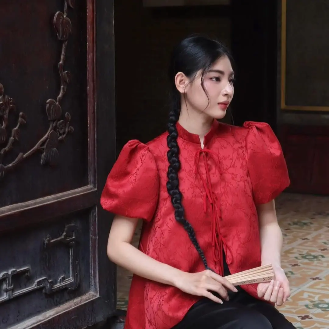 Ciona - set Gấm Như ý đỏ trầm ( quần lụa đen ) - COA011 Nữ women set áo tay phồng Top