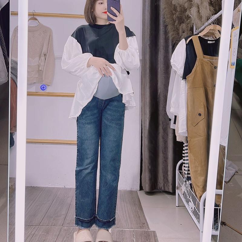 Quần jean nấm ống xuông đứng tua gấu cho bầu có đáp bụng và chun điều chỉnh