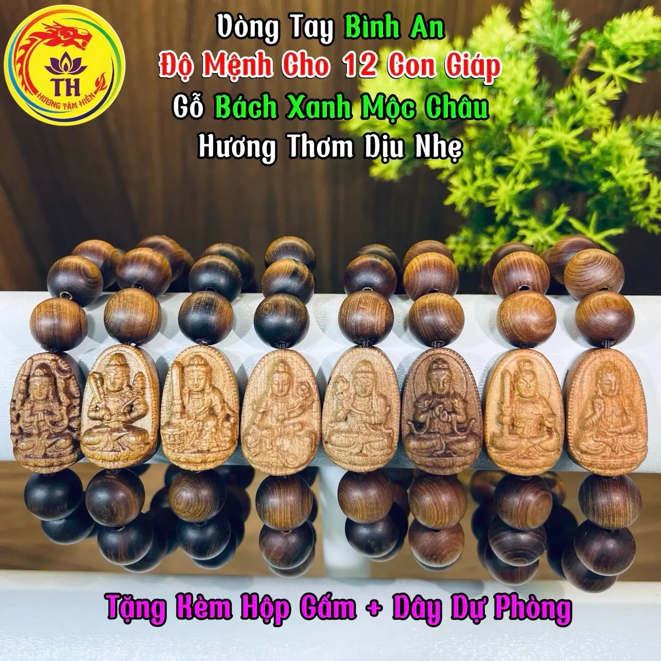 Vòng Tay Độ Mệnh Cho 12 Con Giáp, Vòng Tay Mix Mặt 8 Vị Phật Bản Mệnh Chất Liệu Gỗ Bách Xanh Mộc Châu Hương Thơm Dịu Nhẹ (Tặng Kèm Hộp Gấm, Dây Dự Phòng) | Hương Tâm Hiền