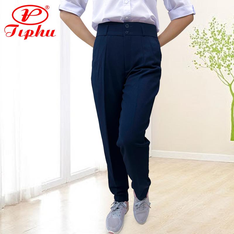 Quần nữ 2 nút Amazing lưng cao đồng phục học sinh vải tuyết mưa dày mềm không nhăn màu đen và xanh