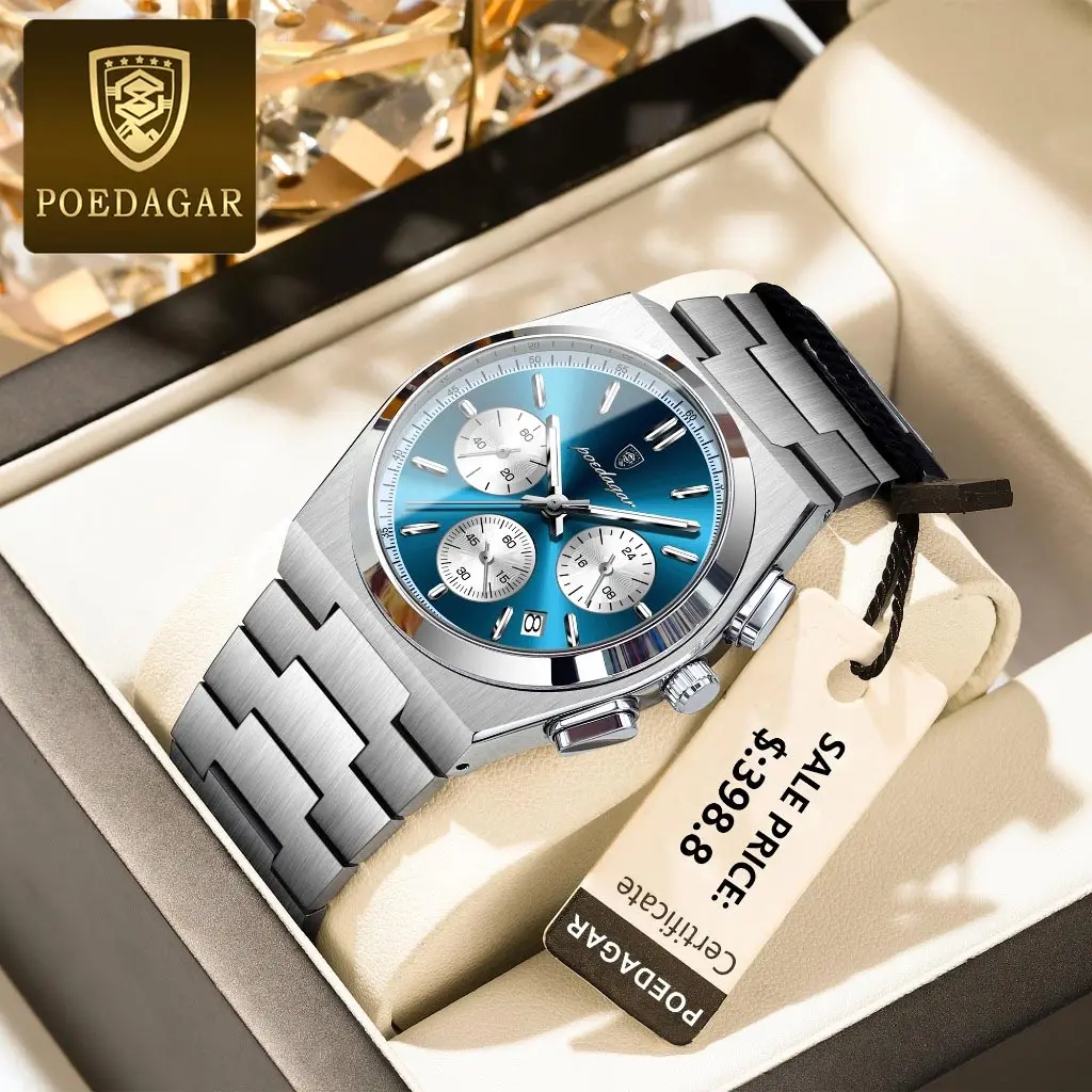 POEDAGAR Original Men's Watch Waterproof Quartz Night Light Watch Stainless Steel Band Business Watch Calendar Display Multifunctional Watch