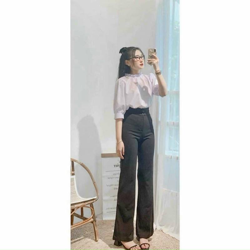 ￼Quần tây ống loe BIGSIZE đi học nữ m50 m55 m60 1 cúc 2 nút màu Đen - Quần ống loe cạp cao nữ đi học công sở hẹn hò tiệc vải mềm mã 3388 2