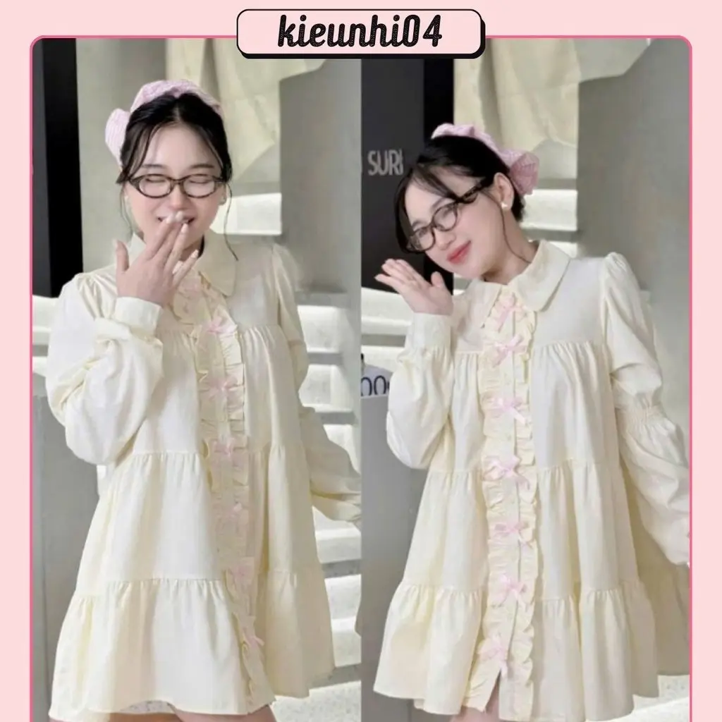 Đầm Babydoll Kem Nơ Hồng: Xinh Xắn Tiểu Thư, Hàng Kate Mềm Mịn