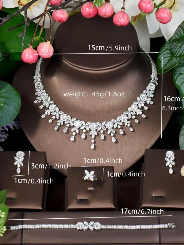 Women's Elegant Rhinestone Decorated Jewelry Set, Exquisite Trendy Necklace & Earrings & Bracelet & Ring, Chic Jewelry Set for Party & Wedding, Dainty Gift for Your Love 1