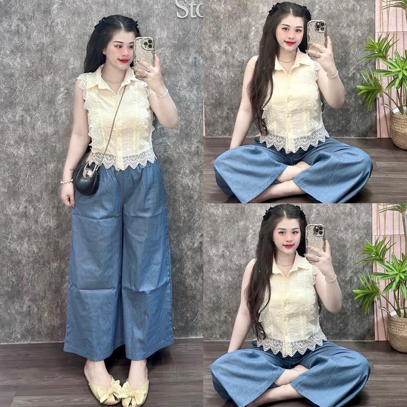 (47-58kg) Set áo xô phối ren nút gài màu kem Sát nách. Quần jean ống rộng lưng thun dáng lửng 90cm Top Nữ Women