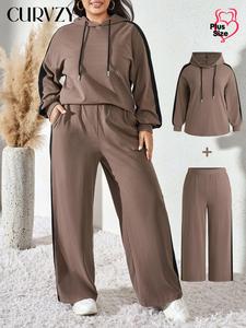 CURVZY Plus Size Two-piece Set Colorblock Side Stripe Hoodie & Wide Leg Elastic Waist Pants, Casual Fashion Cozy Outfits for Daily Wear