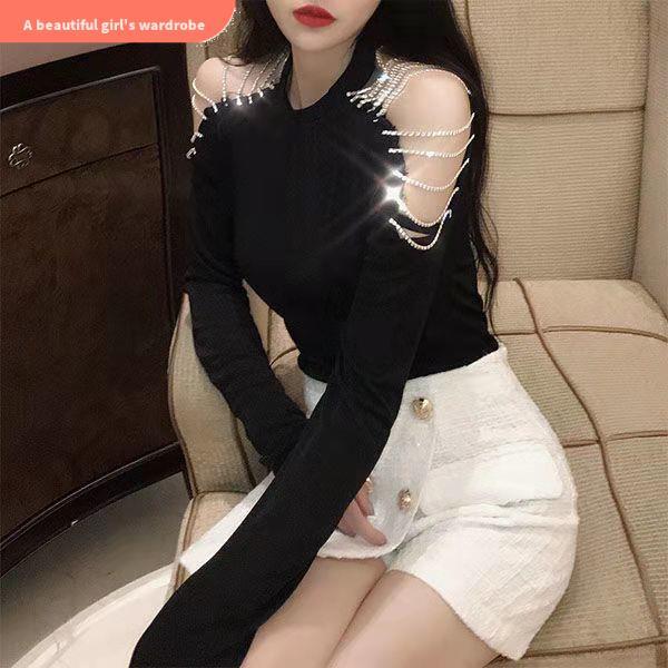 Áo Thun Dài Tay Dây Xích Xích Trễ Vai, Áo Áo Cánh Ôm Sát Nữ Tính