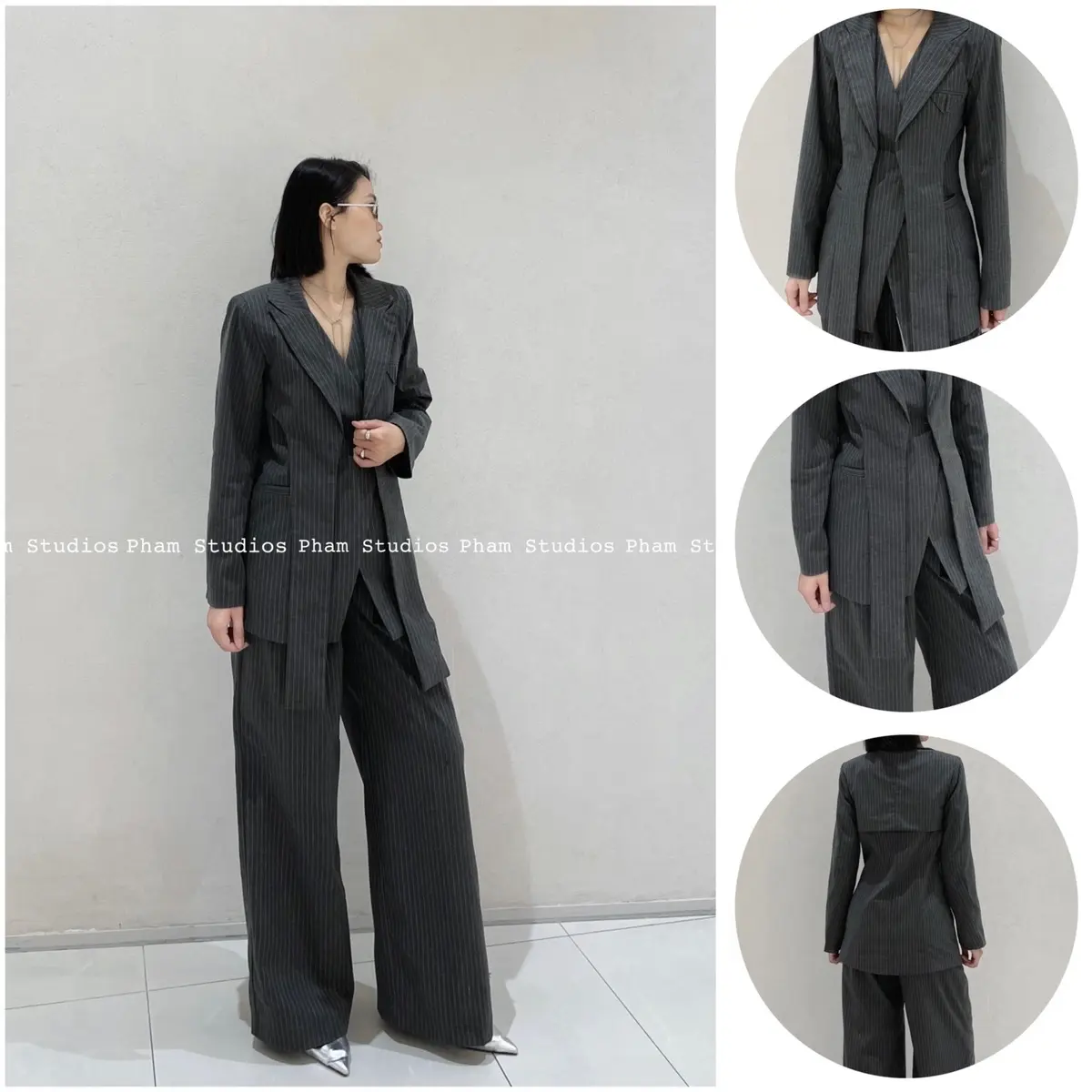 Pham Studios, Áo blazer layer vạt, áo gile 8 cúc, quần cạp cao ống rộng, thiết kế trẻ trung hiện đại thời thượng, chất text màu ghi kẻ sọc