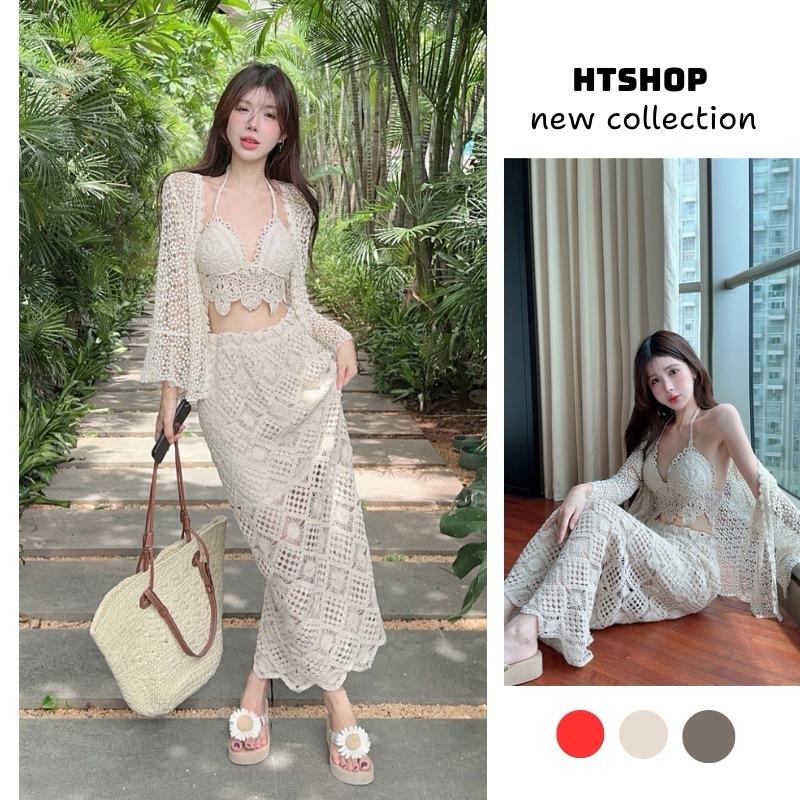 16- Set bikini Len đi biển 3 món gồm chân váy dài lưng thun + áo bra trơn sẵn mút+ áo choàng ren hạt tay loe sang trọng hàng QC