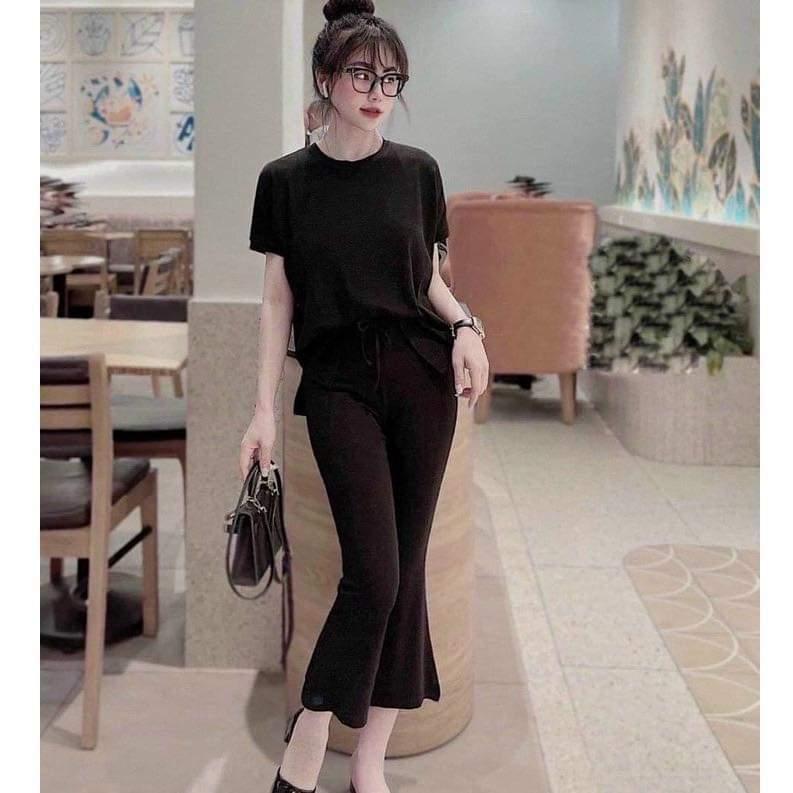 SET BỘ THUN GÂN ỐNG LOE 9 TẤT MIX ÁO THUN XẺ TÀ NHẸ 2 BÊN Nữ Top Women Đen Hồng