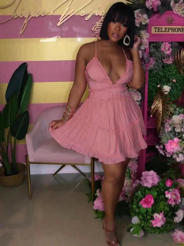 Women's Criss Cross Frill Trim Ruffle Hem Cami Dress, Dress in Club, Dresses for Women, Summer Dresses, Casual Backless Short Dress for Summer, Ladies Dresses Summer for Beach, Women's Summer Clothes, Womenswear, Lady Sundresses 2