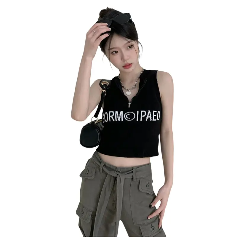 Women's Zip Up Tank Tops Slim Letter Print Round Neck Sleeveless Crop Shirt for Summer
