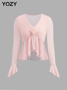 YOZY Women's Plain Floral Design Flounce Sleeve V Neck Mesh Top, Elegant Long Sleeve Top for Daily Wear, Ladies Clothes for All Seasons