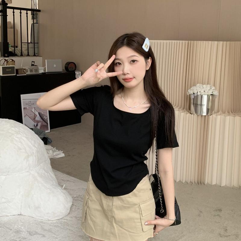 Product Introduction of [2098 Favorites] Regular Shoulder Short Sleeve T-Shirt for Women, Square Neck Top, Summer Plus Size, Regular Shoulder, Tummy Concealing, Slimming, Curved Design Top 6