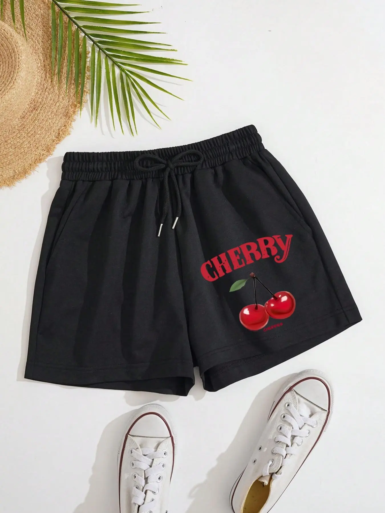 Women's Cherry & Letter Print Drawstring Waist Shorts, Casual Pocket Track Shorts for Daily Wear, Ladies Bottoms for All Seasons