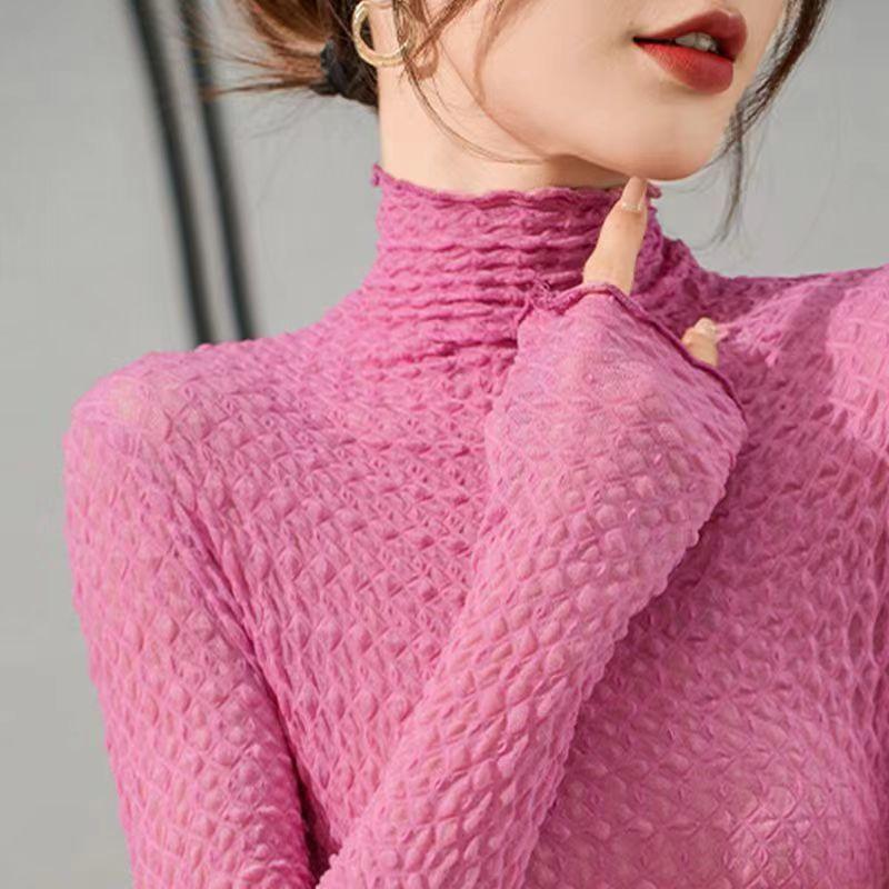 Áo Dài Tay, Phong Cách Đầu Mùa Thu, Ren, Màu Trơn Cổ Cao Bó Sát Vừa Vặn, Thời Trang, Mỏng Vừa Vặn, Gợi Cảm