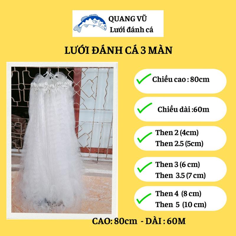 Lưới đánh cá 3 màn (màng) bắt cá diếc, rô phi, trắm, chép Cao 75-80cm then 2, 3, 4, 5 giăng thả cá ở sông hồ ao suối Đi Câu Fishing Câu Cá Đồng Fish Nam Lure 0