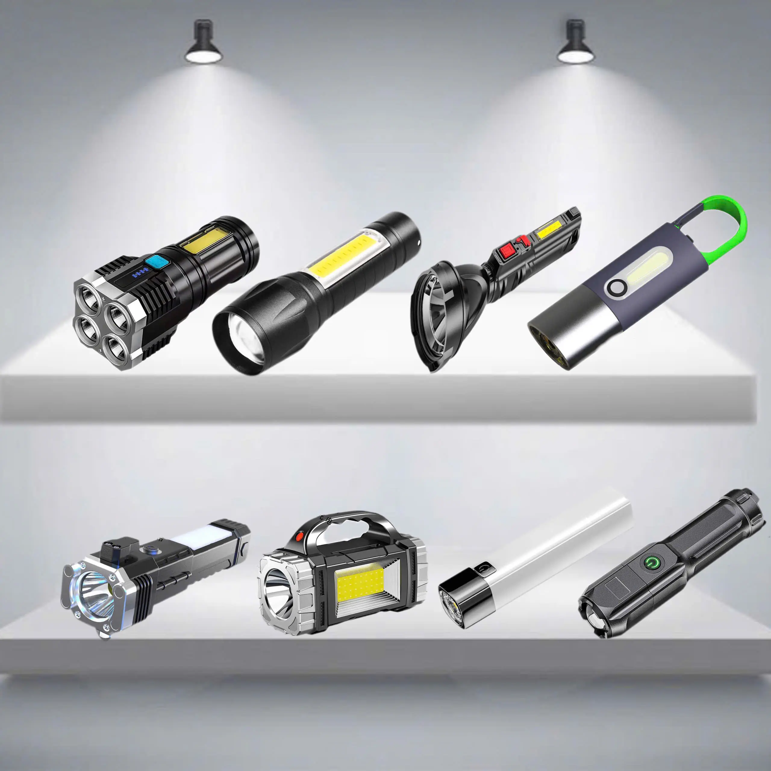 Đèn Pin Siêu sáng Thu Phóng,Đèn Pin 3 Chế Độ Năng lượng mặt trời,Đèn Pin 4 LED hiển thị mức pin,Đèn pin có búa an toàn
