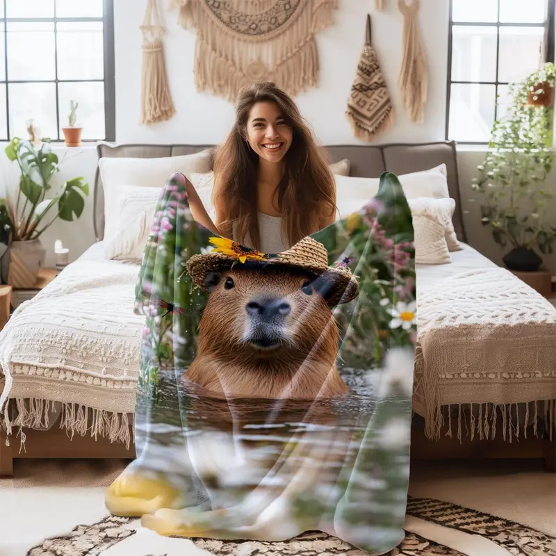 Sunflower Pattern Capybara Design Blanket, Soft Comfortable Throw Blanket, Cool Bedroom Bedding Blankets, Warm Napping Blanket for Home Office Travel Camping 6