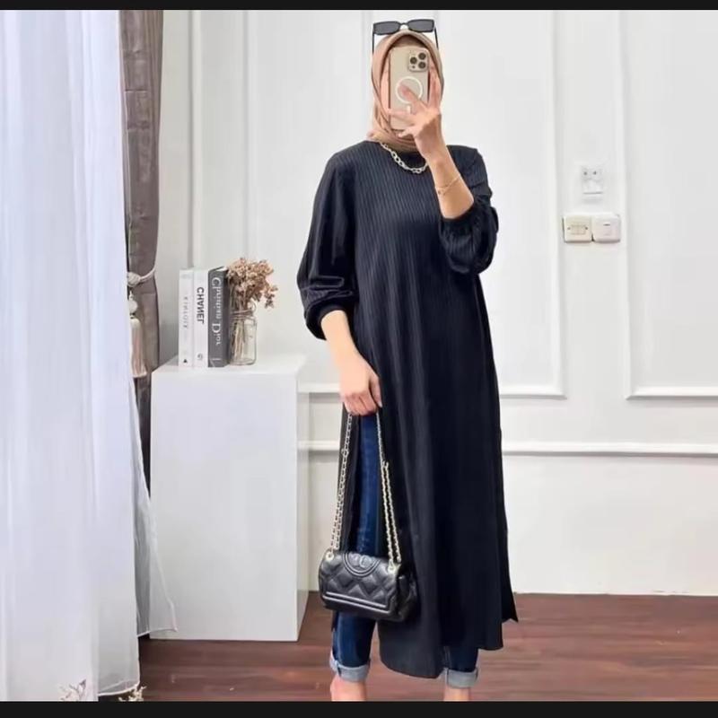 LONG TUNIK BAHAN KNIT HORNET TEBAL MELAT LENGAN PANJANG KARET 5