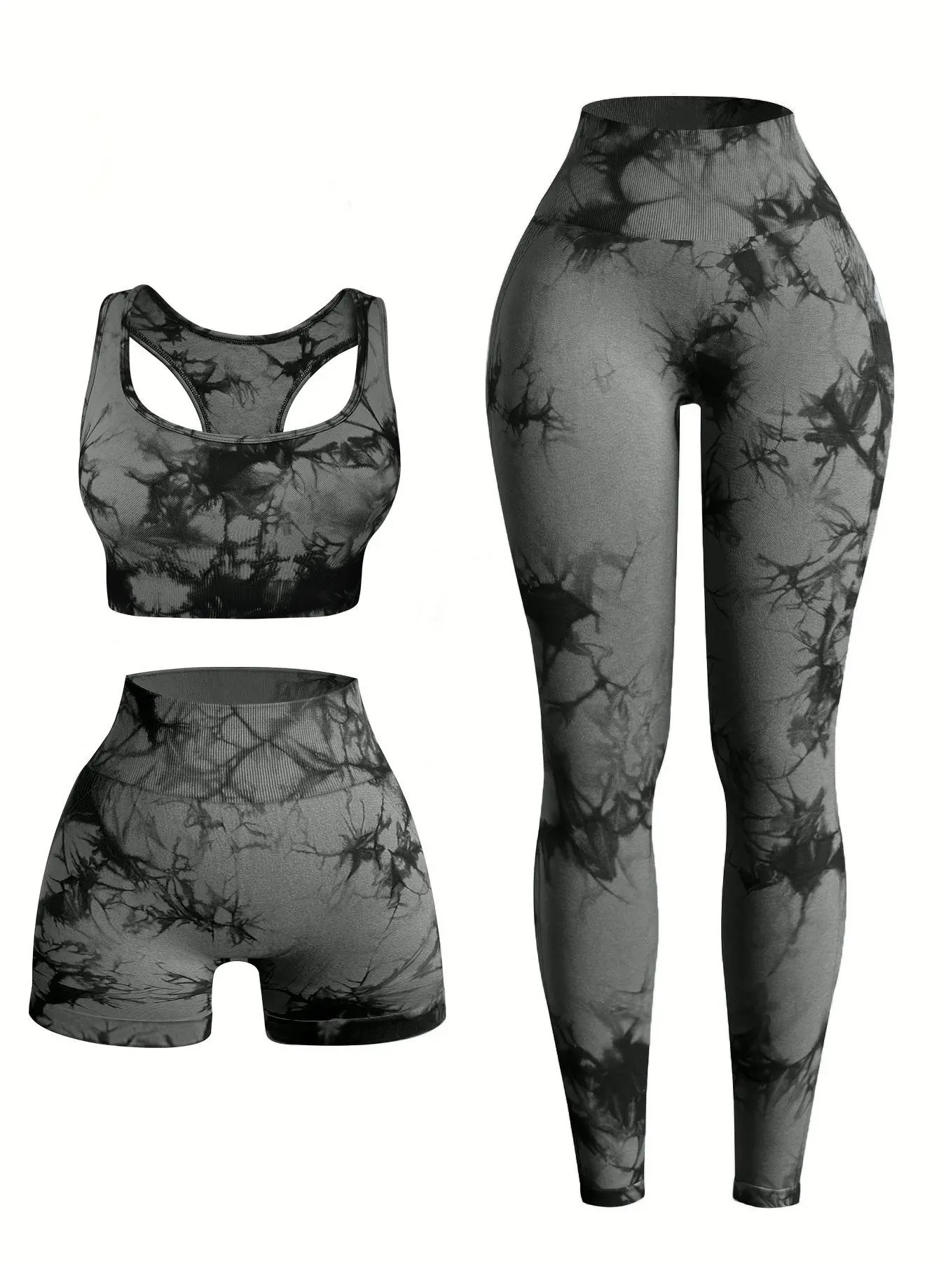 Three-piece Set Women's Tie Dye Print Tracksuit Set, Sporty Scoop Neck Crop Tank Top & High Waist Leggings & Skinny Shorts, Ladies Sportswear for Indoor Outdoor Wear
