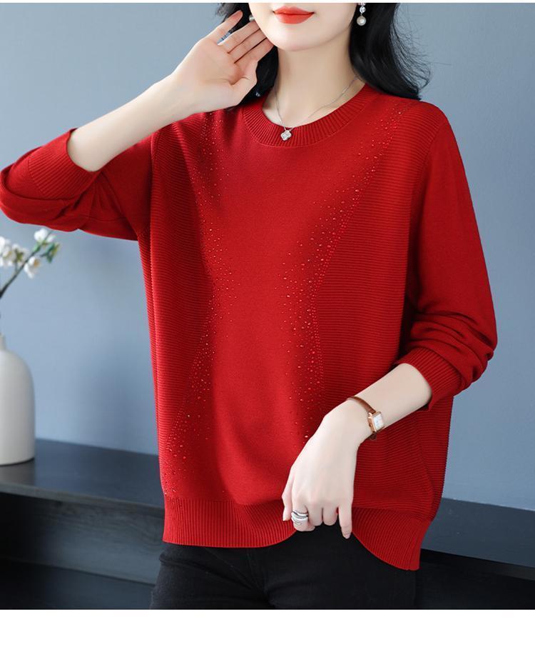 Product Introduction of Knatwear women's round neck rhinestone sweater new fashion mom loose Western style knits long sleeve thin top crop 19